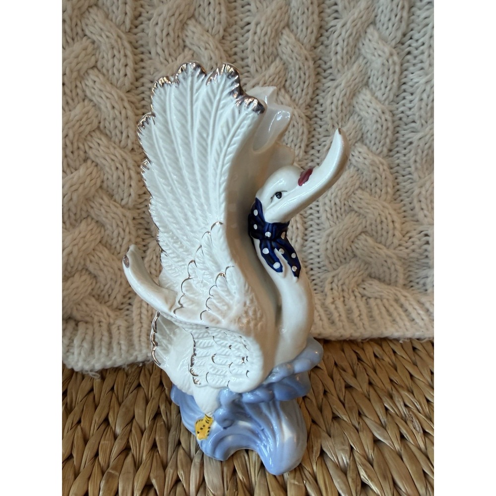 Vintage White Ceramic Swan Vase Country Cottagecore Polka Dot Bow Figurine